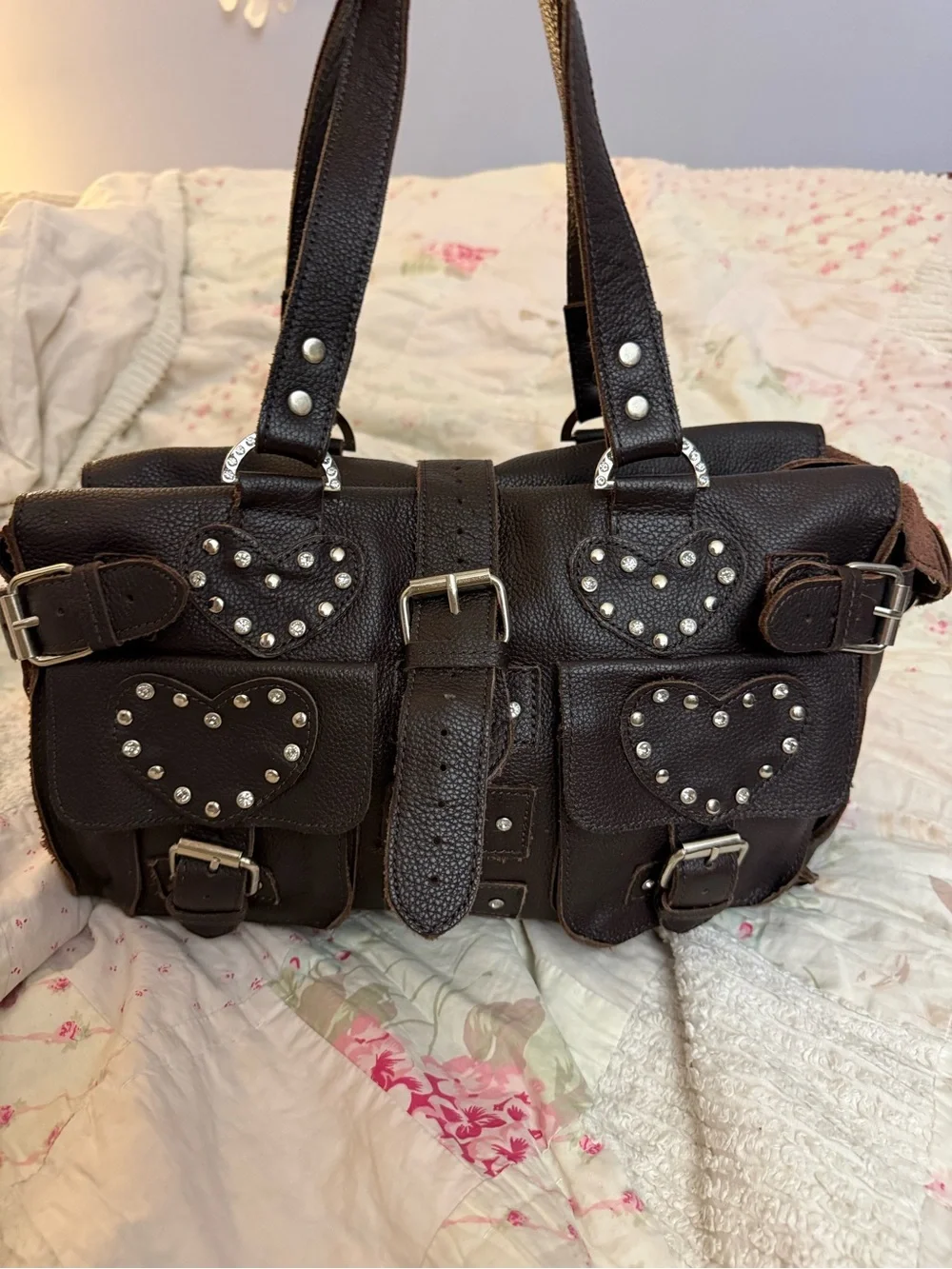 Hand Crafted Dark Brown Genuine Leather Biker Satchel Bag with Stud Heart Pocket
